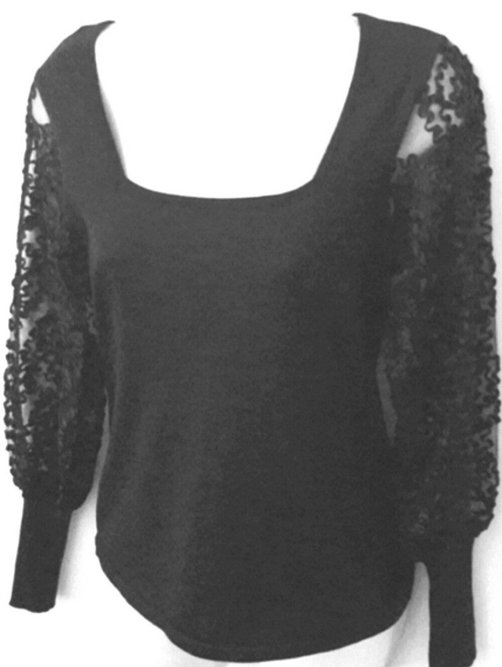 Squared Neck Black Sheer Ribbon Lace Sleeve Belldini Sz Small Romantic Knit